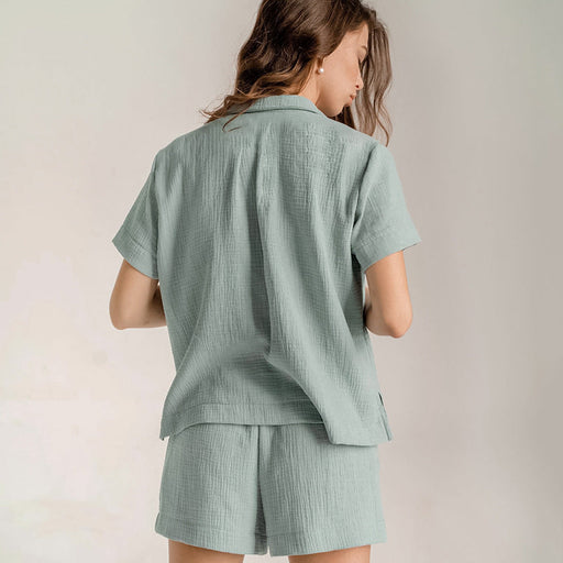 Color-Summer Cotton Linen French Simplicity Sports Shirt Shorts Double Layer Gauze Pajamas Women Homewear-Fancey Boutique