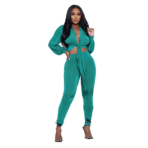 Color-Green-Solid Color Cardigan Bundle Long-Sleeved Women two piece set Casual Tight Trousers Suit-Fancey Boutique