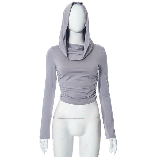 Color-Gray-Women Clothing Autumn Solid Color Casual Hooded Long Sleeves Cropped Slim Pleated T shirt Top-Fancey Boutique