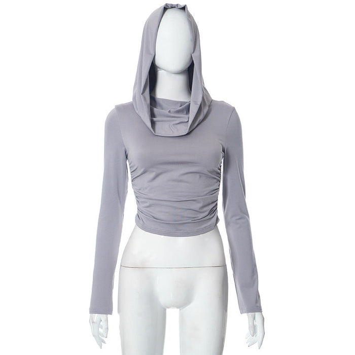 Color-Gray-Women Clothing Autumn Solid Color Casual Hooded Long Sleeves Cropped Slim Pleated T shirt Top-Fancey Boutique
