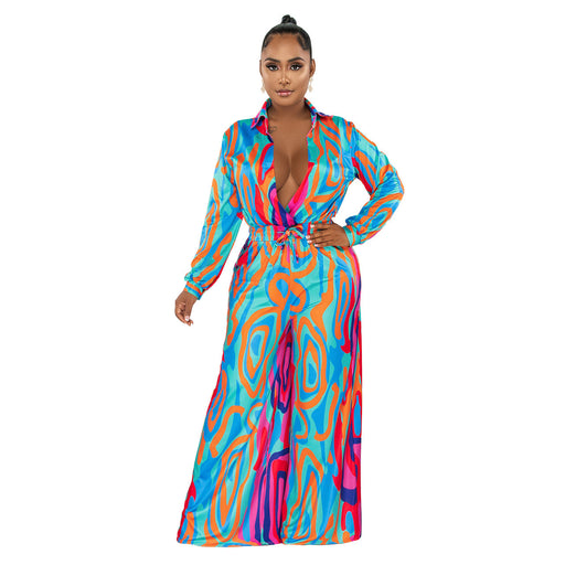 Color-Blue-Women Clothing Fall Winter Printed Shirt Collar Wide Leg Jumpsuit-Fancey Boutique