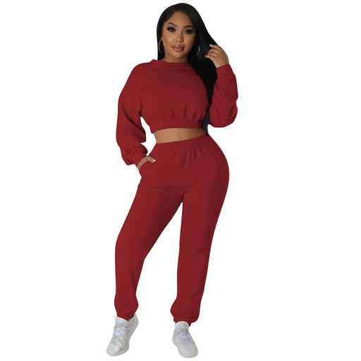 Color-Burgundy-Women Clothing Autumn Winter Casual Sweater Suit Solid Color Two Piece Set-Fancey Boutique