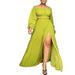 Color-Yellow Green-Solid Color Off Shoulder High Waist Slit Large Skirt Lantern Sleeve Two Piece Skirt-Fancey Boutique