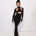 Color-Black Cut out Turtleneck Long Sleeve Design Dress See through Stitched Backless Women-Fancey Boutique