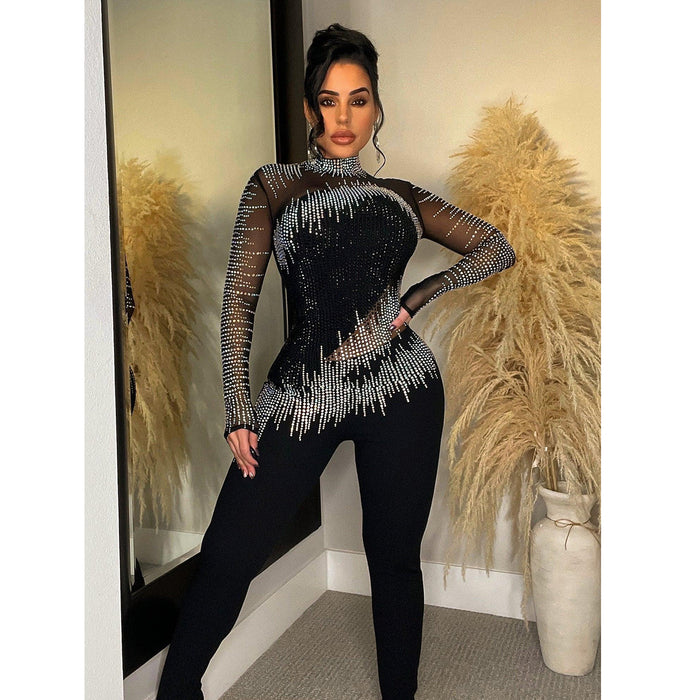 Color-Women Wear Solid Color Mesh Rhinestone Long Sleeved Trousers Jumpsuit-Fancey Boutique