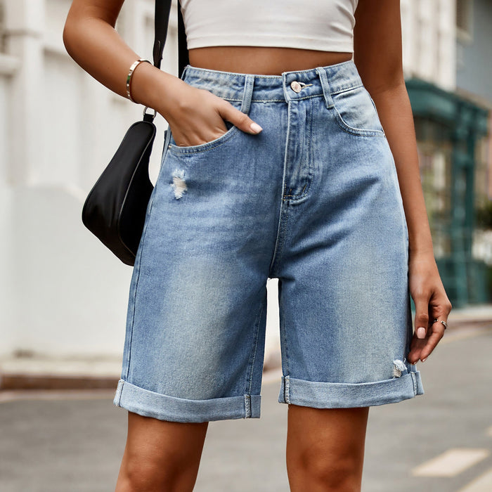 Color-Women Clothing Trade Ripped Curling Five Point Denim Shorts Casual Pants-Fancey Boutique