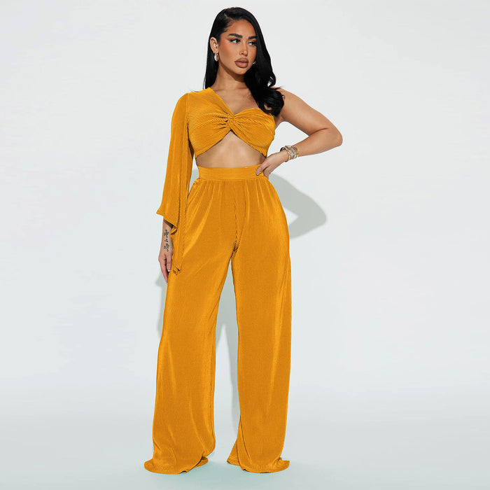 Color-Autumn Sexy Shoulder Long Sleeve Top Trousers Two Piece Set-Fancey Boutique