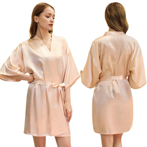 Color-Champagne Pink-Ladies Robe Artificial Silk Satin Kimono Gown Glossy Solid Color Thin Cardigan Gown Summer Sexy Short Bathrobe-Fancey Boutique