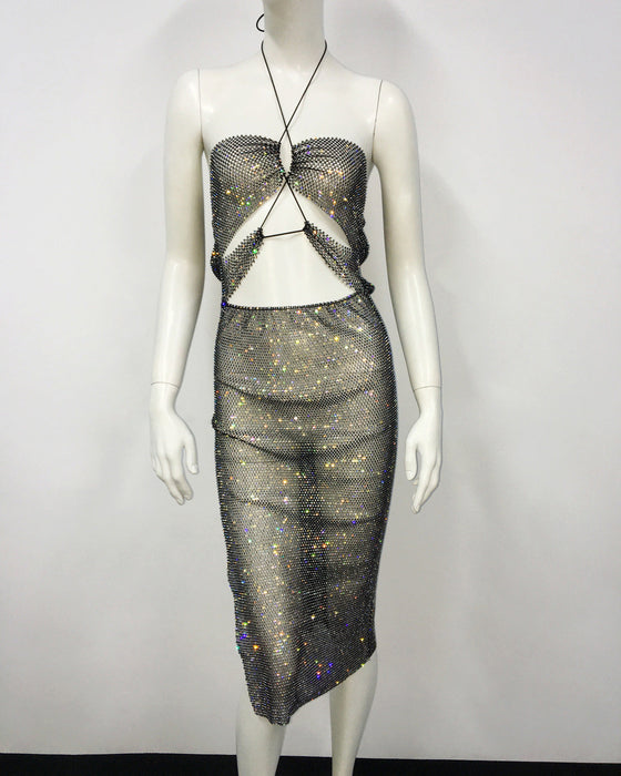 Color-Black-Dress Fishnet Rhinestone Suspender Design Sexy Tight Split Dress-Fancey Boutique