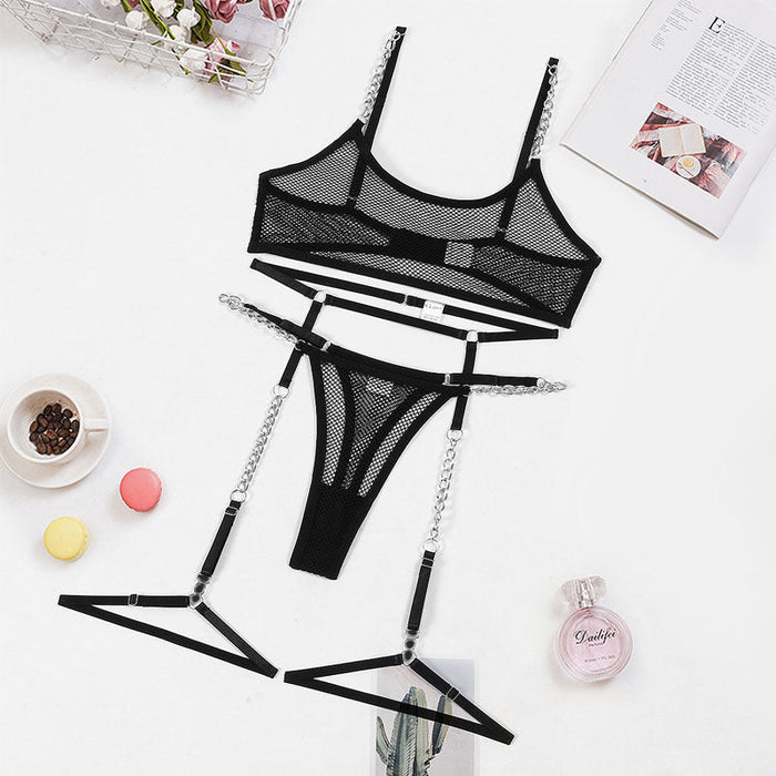 Color-Black-Bra Set See through Mesh Chain Sexy Underwear Garter Four Piece Set Or Five Piece Set Women-Fancey Boutique