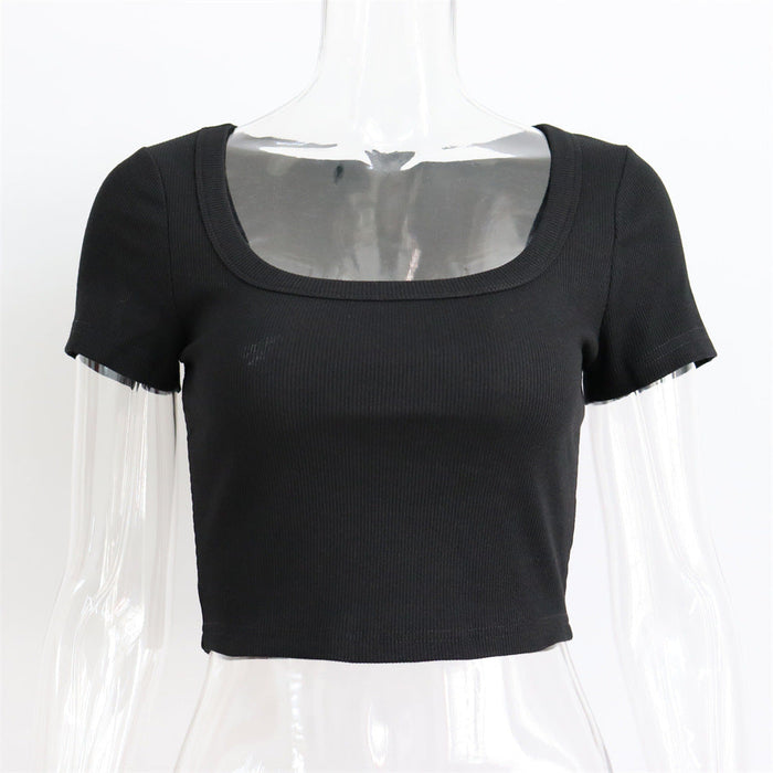Color-Black-Spring Summer Sexy Short U Neck T shirt Women Cotton Rib Cropped Top Women Short Sleeve Slim Fit Slimming-Fancey Boutique