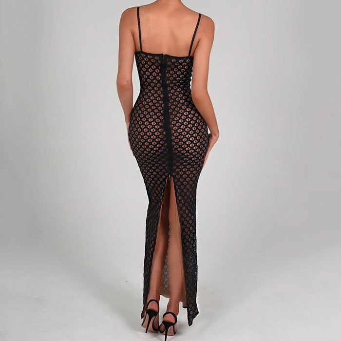 Color-Autumn Sexy Suspender Tight Dress Lace Backless Split Polka Dot Dress-Fancey Boutique
