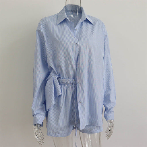 Color-Blue-Women Clothing Summer Beach Sportswear Shorts Set Striped Shirt Top Shorts Set Two Piece Set-Fancey Boutique