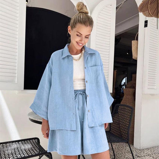 Color-Summer Cotton Long Sleeve Shorts Pajamas Casual Loose Nightgown Worn outside Ladies Homewear-Fancey Boutique