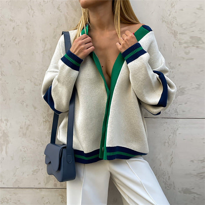 Color-Contrast Color Cardigan Loose Casual Autumn Winter Sweater Women Striped Simple Knitted Sweater Coat-Fancey Boutique