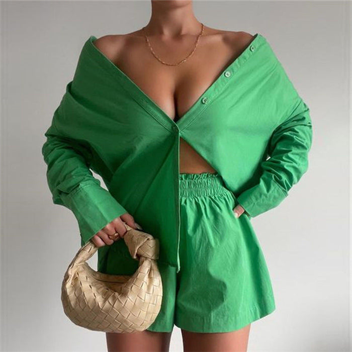 Color-Green-Spring Summer Two Piece Set Solid Color Single Breasted Long Sleeve Collared Shirt Shorts Loose Casual Set-Fancey Boutique