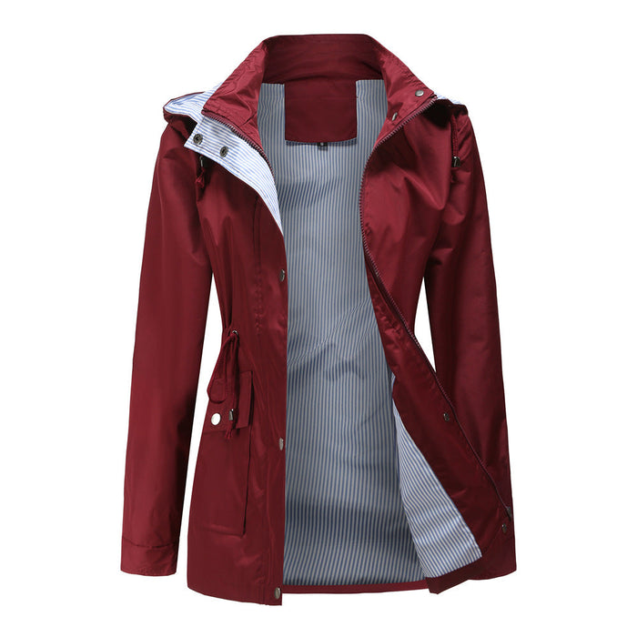 Color-Burgundy-New Spring Autumn Detachable Hat Windbreaker Women Women Clothing Striped Inner Coat Plus Size Women-Fancey Boutique