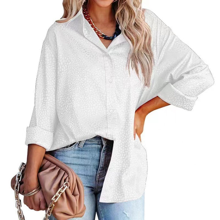 Color-White-Women Shirt Autumn Comfort Satin Gravel Pattern Long Sleeve Loose Women Top-Fancey Boutique