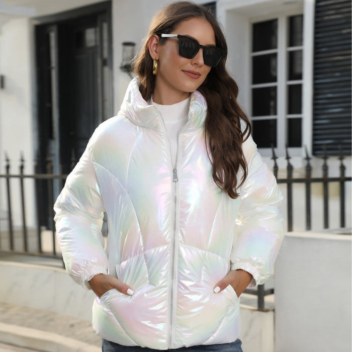 Color-White-Women Clothing Winter Shiny Surface Cotton Cloth Hooded Puffer Jacket Coat Thermal Cotton Padded Clothes-Fancey Boutique