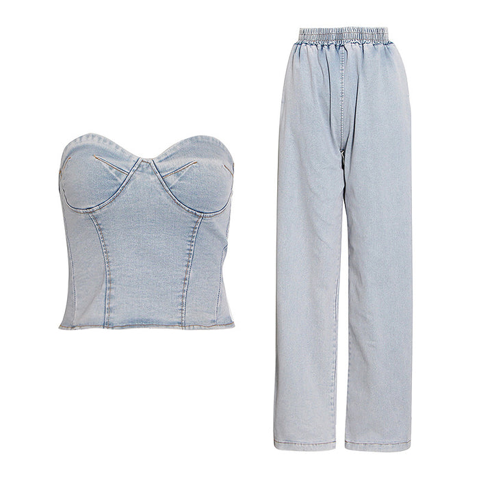 Color-Sexy Pants Set Summer Tube Top Washed Blue Vest High Waist Long Wide Leg Jeans Women-Fancey Boutique
