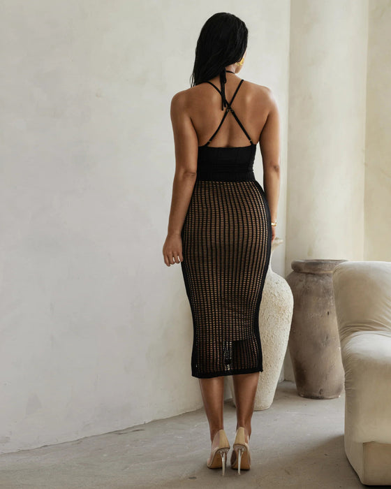 Color-Summer Women Clothing Sexy Sling Bare Back Jumpsuit Hollow Out Knitted Skirt Set-Fancey Boutique