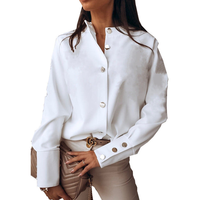 Color-White-Spring Women Clothing Shirt Button Solid Color Office round Neck Shirt-Fancey Boutique