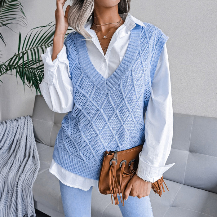 Color-Real shot autumn winter v-neck rhombus Hollow Out Cutout casual knitted sweater vest women clothing-Fancey Boutique