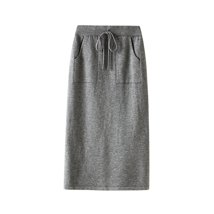 Color-Apricot-Lace-up Knitted Skirt High Waist Hip Skirt A- Line Split Autumn Winter Skirt Women Mid-Length-Fancey Boutique