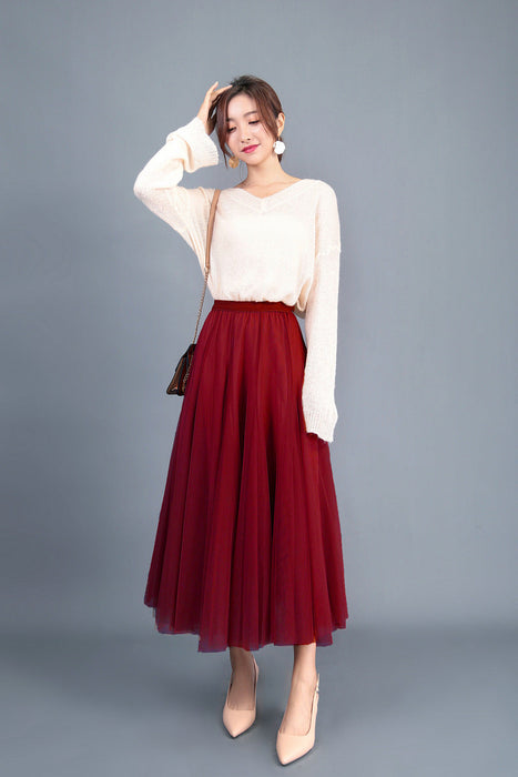 Color-Burgundy-Spring Swing Puffy Ankle Length Skirt High Waist Slim Fit Fairy Skirt Tulle Skirt A Line Skirt-Fancey Boutique