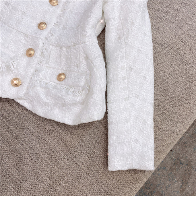 Color-Autumn Winter Chanel-Style White Shiner Tweed Coat Jacket Shorts Suit Two-Piece Set-Fancey Boutique