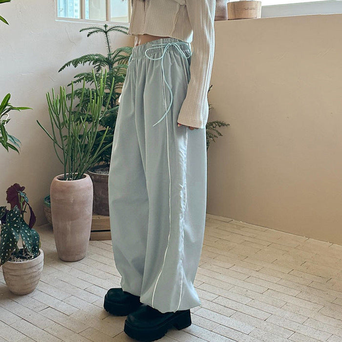 Color-Side Bud Woven Casual Trousers Loose Slimming Lace up Elastic Waist Ankle Tied Sports Pants Summer-Fancey Boutique