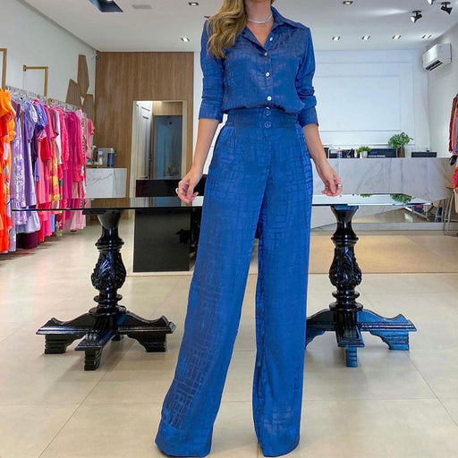 Color-Casual Suit Solid Color Plaid Elegant Long Sleeve Blouse High Waist Double Button Trousers Two Piece Set-Fancey Boutique