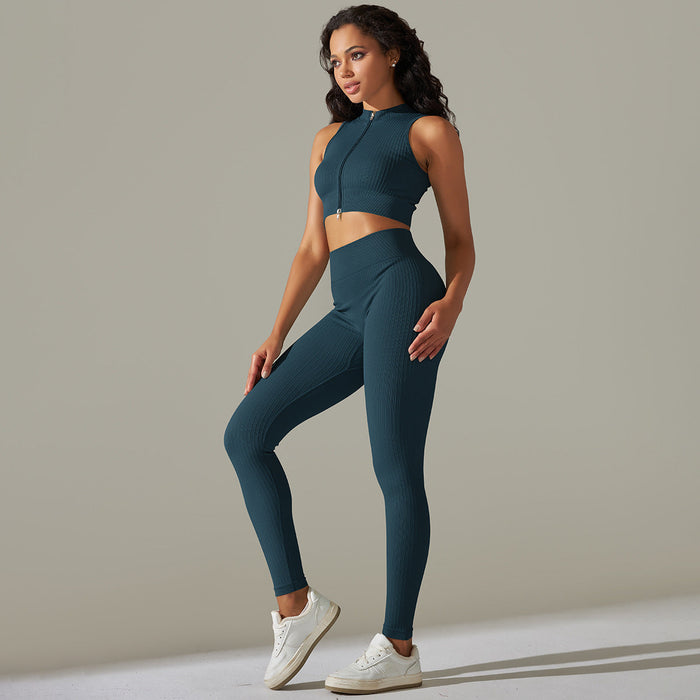 Color-Moqing-Seamless Knitted Zipper Thread Sexy Sports Vest Pants Yoga Clothes Fitness Suit Women-Fancey Boutique