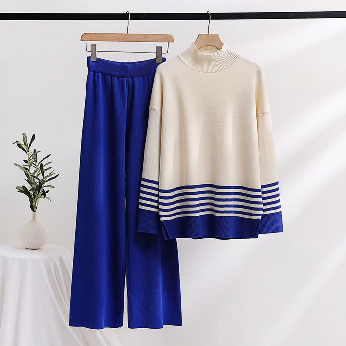 Color-Blue-Autumn Winter Knitting Wide Leg Pants Sweater Suit Pullover Stretch Contrast Color Casual Loose Two Piece Suit Women Clothing-Fancey Boutique