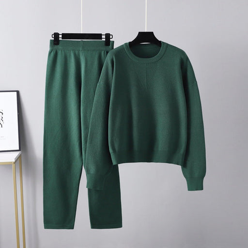Color-Green-Autumn Winter Loose Casual Sweater Two Piece Set Solid Color Knitting Suit Women-Fancey Boutique
