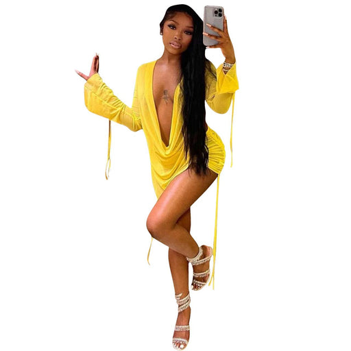 Color-Yellow-Women Clothing Supply Strap Mesh Shirred Skirt Set-Fancey Boutique