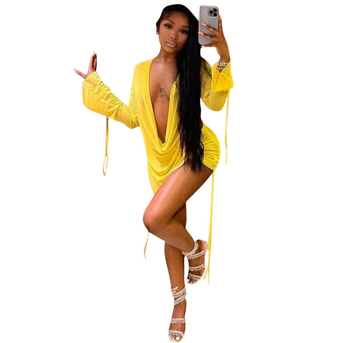 Color-Yellow-Women Clothing Supply Strap Mesh Shirred Skirt Set-Fancey Boutique