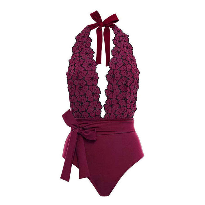 Color-Burgundy-Women One Piece Swimming Bandage Women Tight Retro Printed Bikini Swimsuit Chiffon Skirt Set-Fancey Boutique