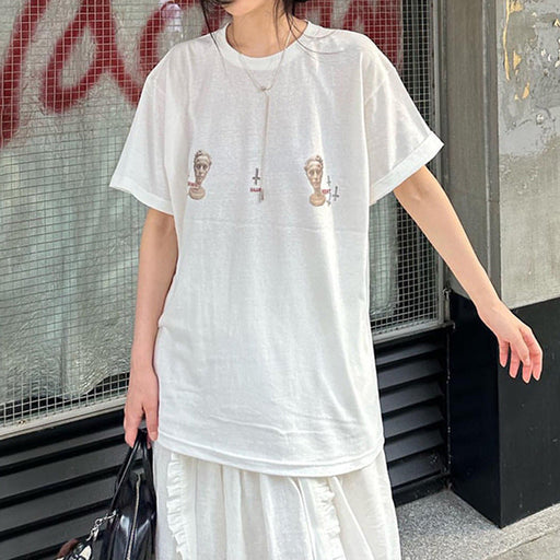 Color-Plaster Printing Contrast Color Loose Base round Neck Short Sleeve T shirt Top-Fancey Boutique