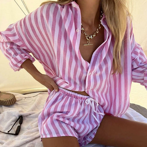 Color-Pink-Summer Women Clothing Loose Cardigan Top Striped Casual Shorts Two-Piece Set-Fancey Boutique