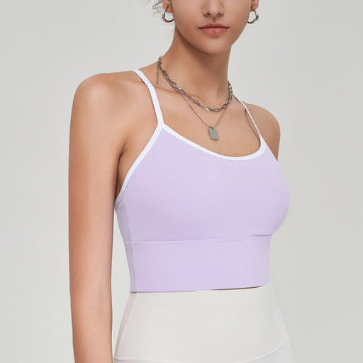 Color-Lavender Purple-Summer Contrast Color Sports Sling Vest Women Outer Wear with Chest Pad One Piece Cup Shockproof Cross Beauty Back Yoga Underwear-Fancey Boutique