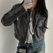 Color-Black-Solid Color Zipper Small Loose Lapels Leather Coat Sexy Street Locomotive Casual Top-Fancey Boutique