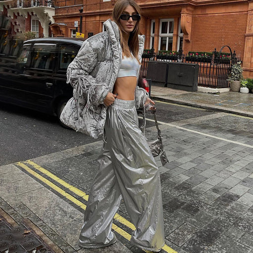 Color-Metallic Coated Fabric Trend Windproof Women Pants Autumn Silver Elastic Waist Loose Straight Slimming Wide Leg Pants-Fancey Boutique