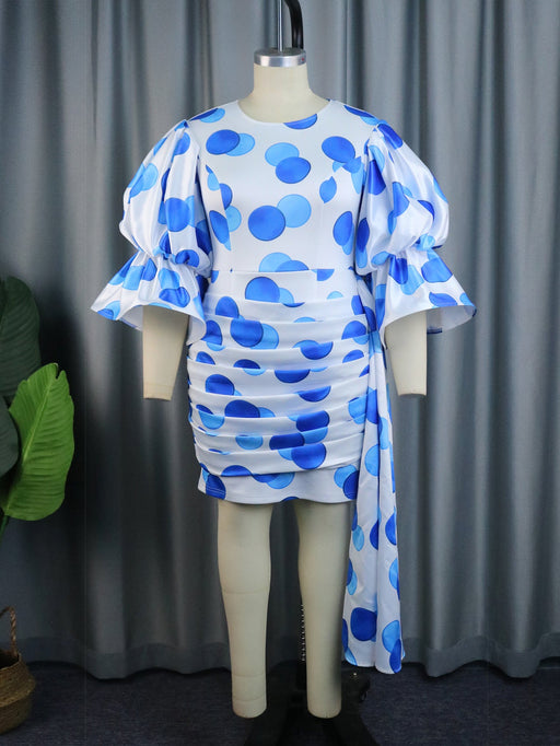 Color-Blue-Casual Round Neck Flared Sleeves Dress Polka Dot Ribbon Pleated Hip Dresses-Fancey Boutique