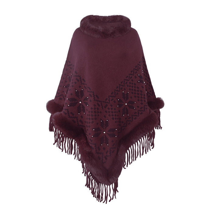 Color-Burgundy-Autumn Winter Cape Shawl Fur Collar Beaded Tassel Hem Sweater Women-Fancey Boutique