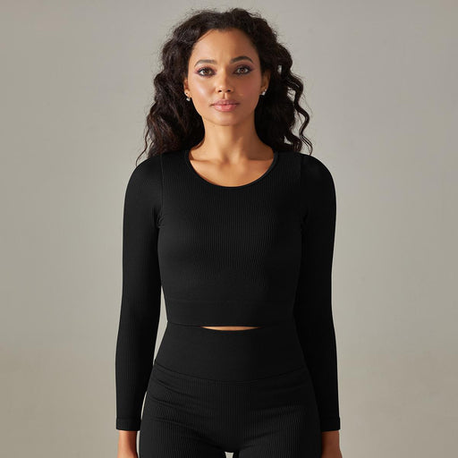 Color-Pure Black-Seamless Solid Color Striped Tight Sexy Yoga Clothes Breathable Long Sleeves Top Sports Running Fitness Clothes-Fancey Boutique