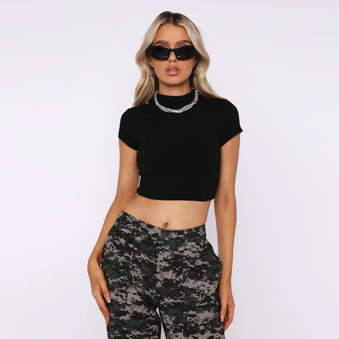 Color-Bare Cropped Slim Fit Top Women Summer Slim Outer Wear Stitching Half Turtleneck Short Sleeve T shirt-Fancey Boutique