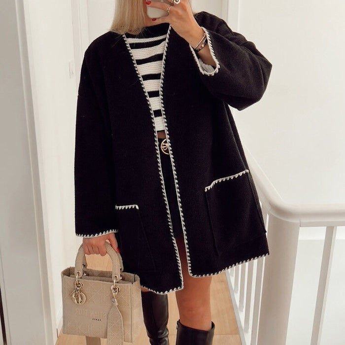 Color-Women Color Contrast Woolen Coat Autumn Winter-Fancey Boutique