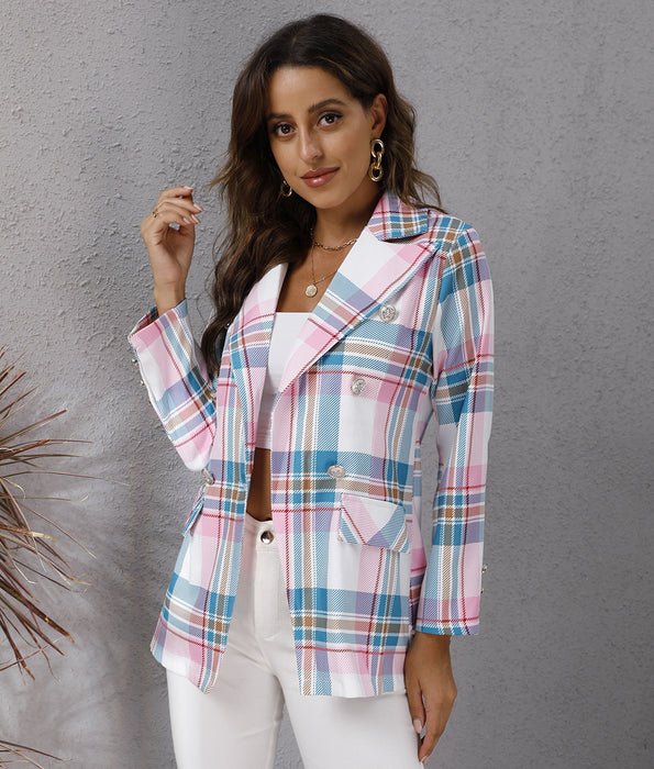 Color-Blazer Autumn Women Clothing Color Plaid Printed Long Sleeve Coat-Fancey Boutique