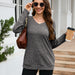 Color-Gray-Arrival Women Long Sleeved T shirt Brushed Sunken Stripe V neck Solid Color Top-Fancey Boutique